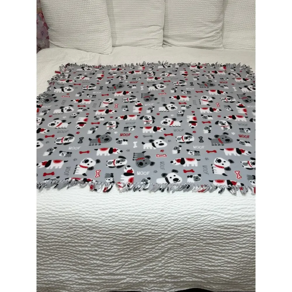 HANDMADE Dog Puppy Fleece Tie Blanket Gray Woof Paw Print Throw Pet Lover 54x52